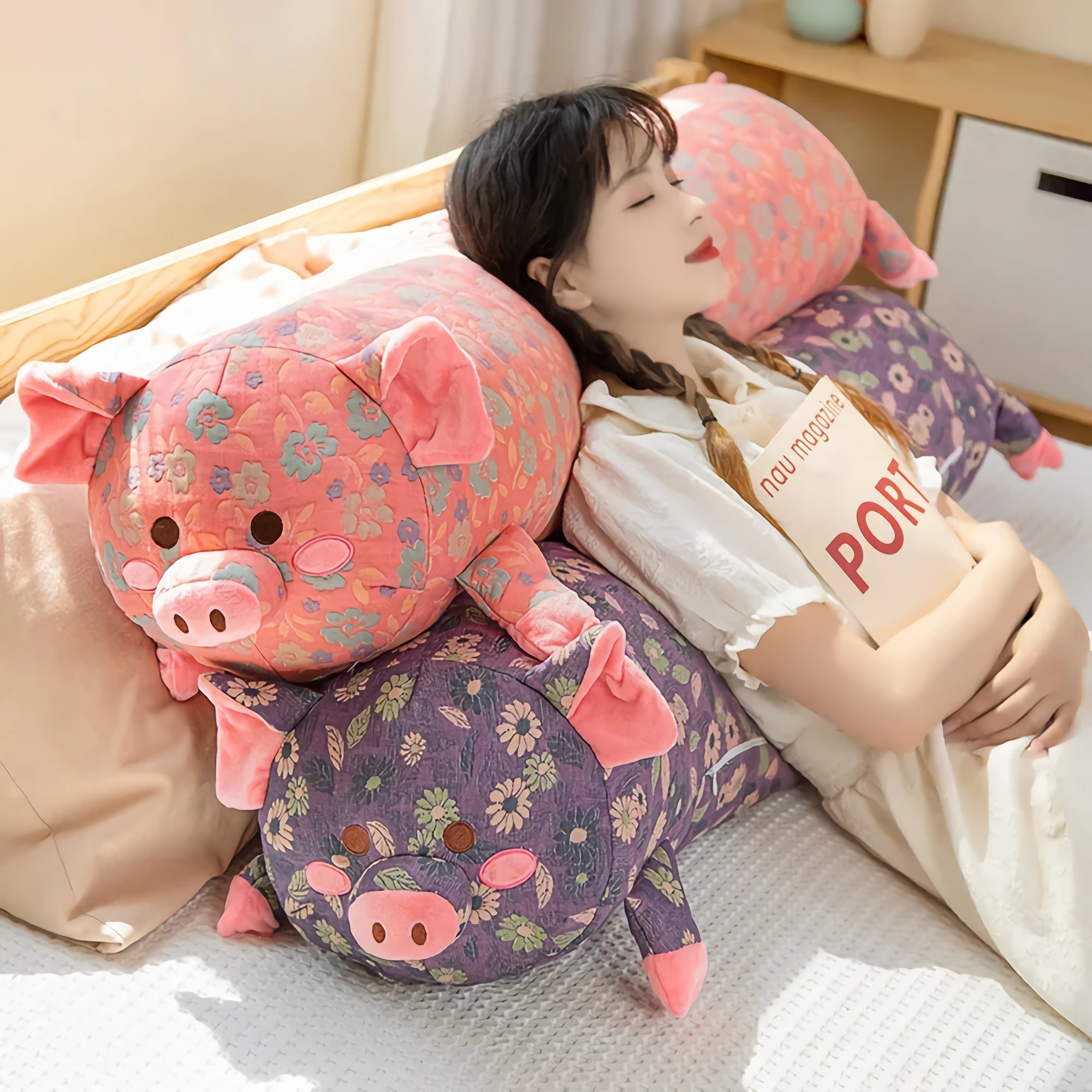 Piggy Bloom Floral & Fluffy Plush Pillows - Hops and Pops - Cute - Plushies - Kawaii - Pig Plush - Whimsical Plush