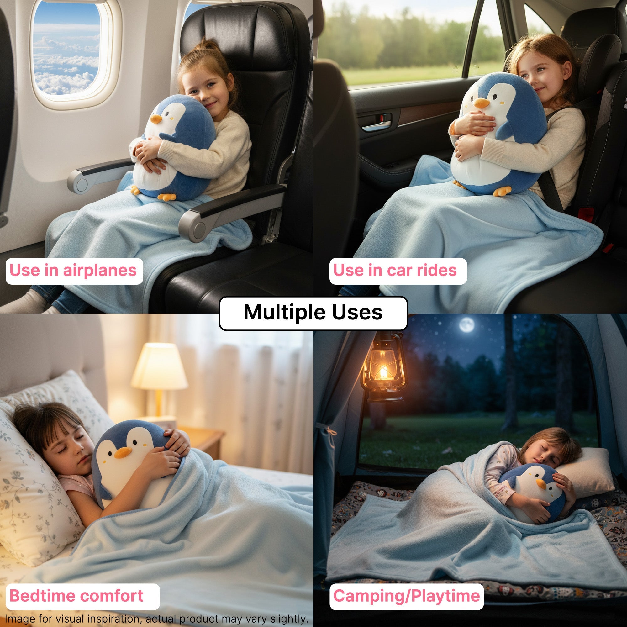 Child using a plush pillow that unfolds into a travel blanket in an airplane, car, bed, and tent