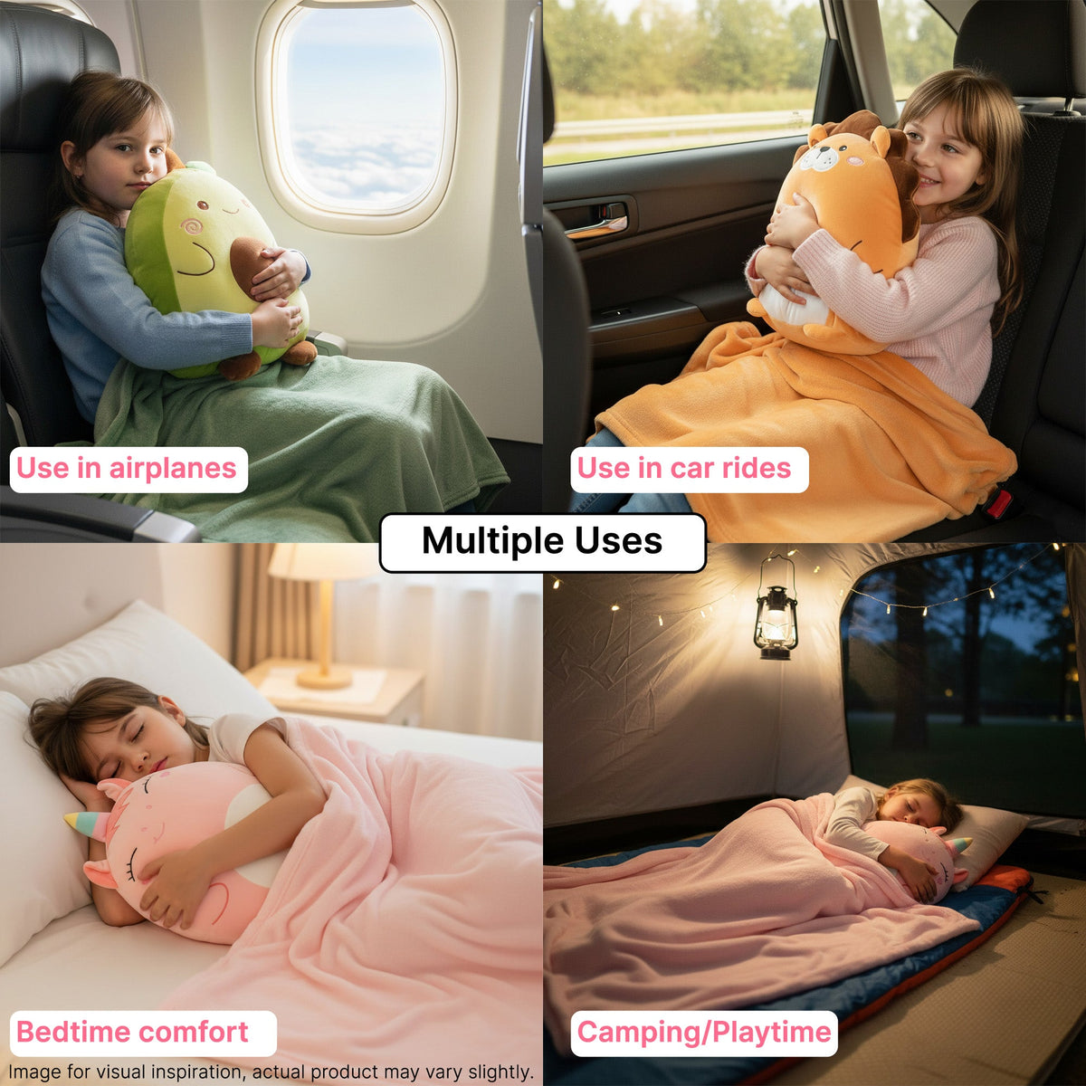 Children using a Blanket Buddy travel blanket and plush pillow set in a car, on a plane, in bed, and in a tent.