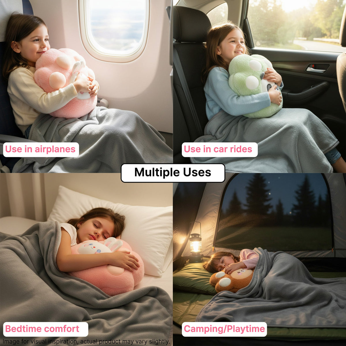 A girl uses a plush toy and blanket set across different trips: on an airplane, in a car, at bedtime, and while camping