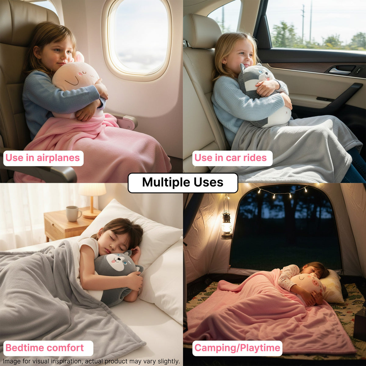 Children using the same plush pillow and blanket set across different everyday settings: on an airplane, in a car, in bed, and in a tent