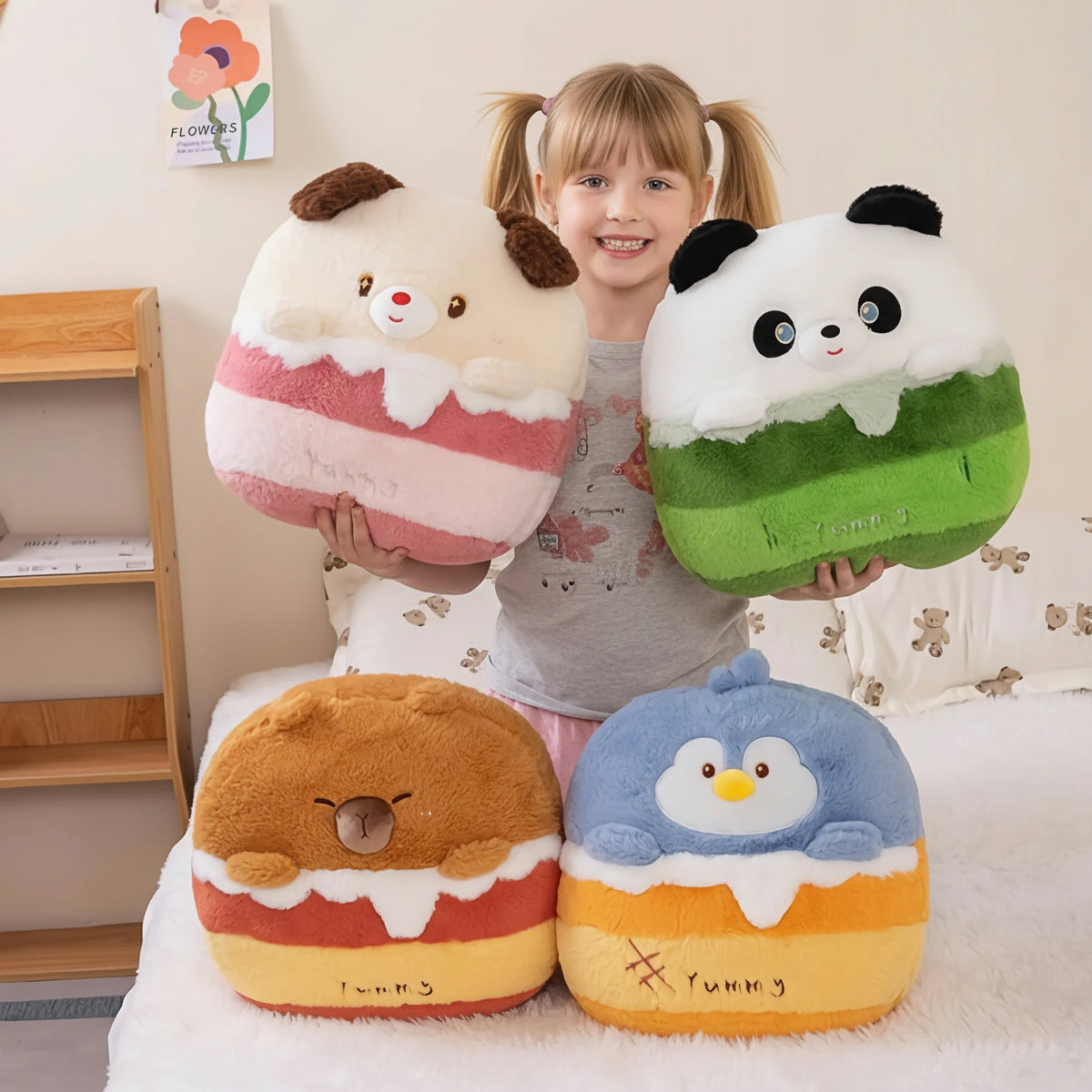 A girl holds four colorful plush animal pillows from a matching travel blanket set, smiling in a cozy bedroom, illustrating how siblings can each pick a different animal from the same line
