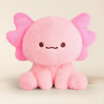Fluffy pink axolotl plush sitting on a cream background with big feathery pink gills