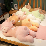 Five sleeping sheep plush pillows in pink, orange, white, green and brown lying in a row on a bed