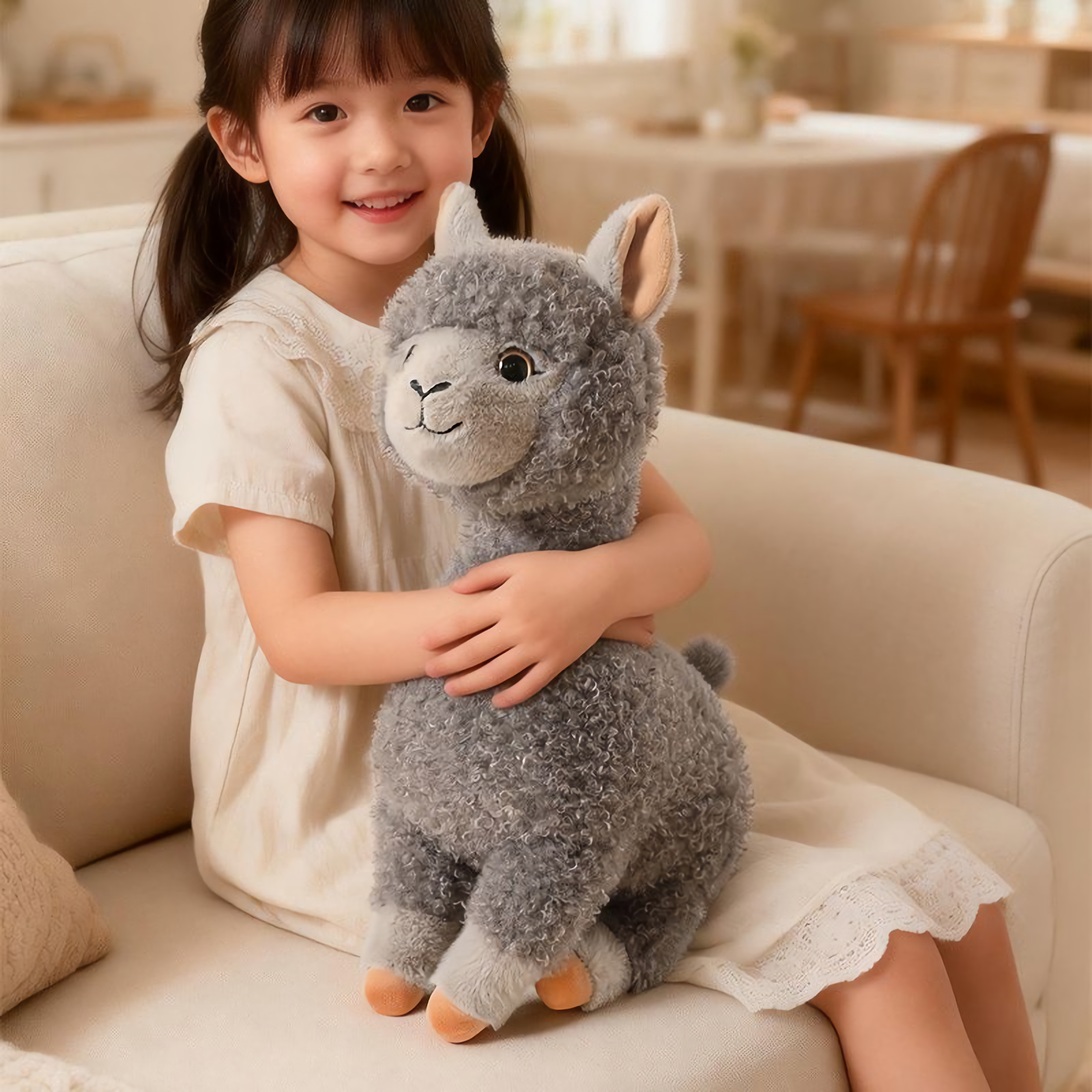 Girl smiling while hugging a gray fluffy alpaca plush on a cream sofa