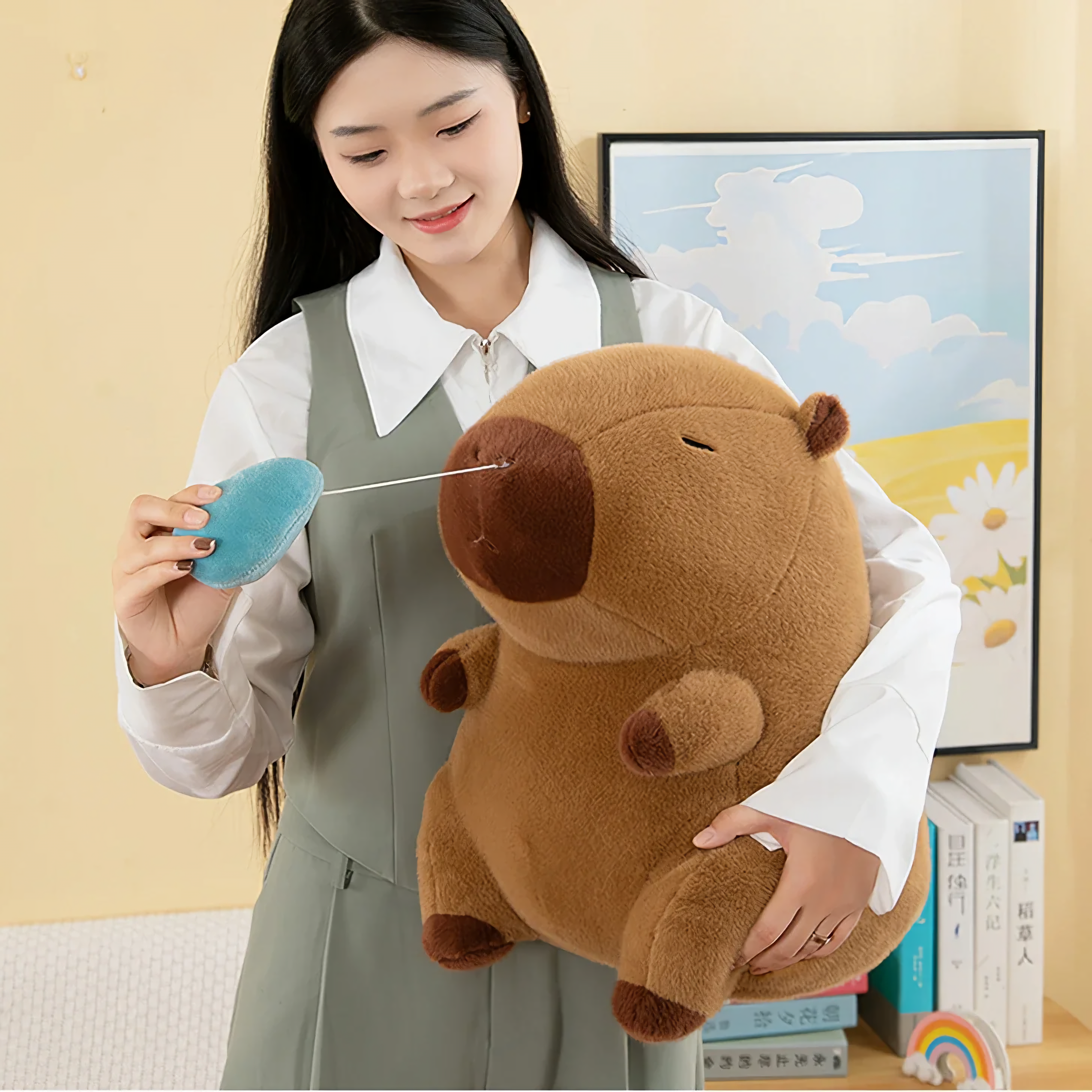 Woman holding a brown capybara plush and pulling its blue nose bubble