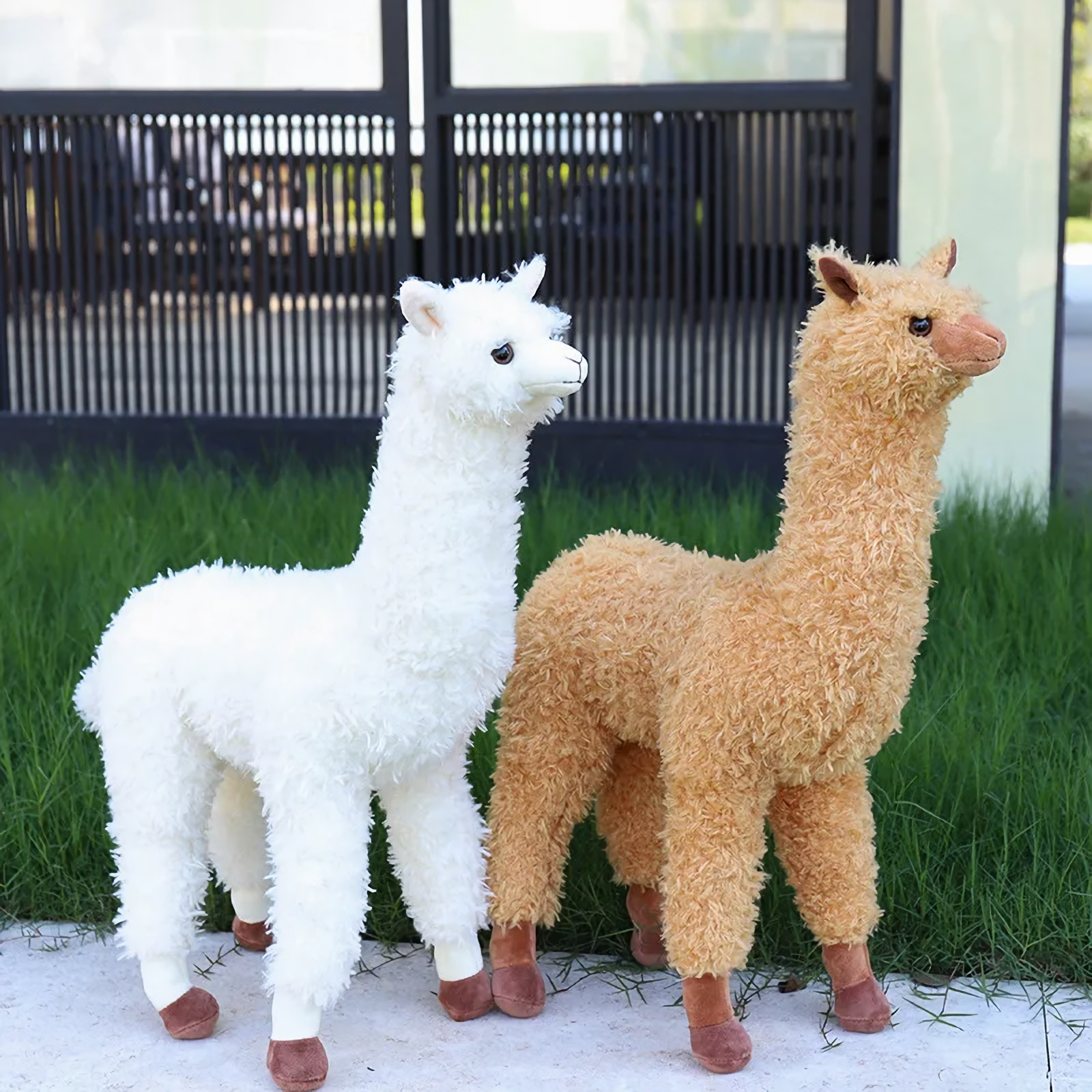 White and brown standing alpaca plushies on grass in front of a black fence