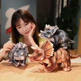 Woman admiring gray and brown Triceratops plush set stacked on a table, one in her hand.