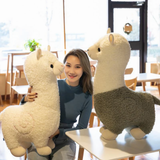 Woman sitting with a white alpaca plush beside a green body alpaca plush