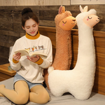Woman reading a book on a bed beside a brown and a white long alpaca plush pillow