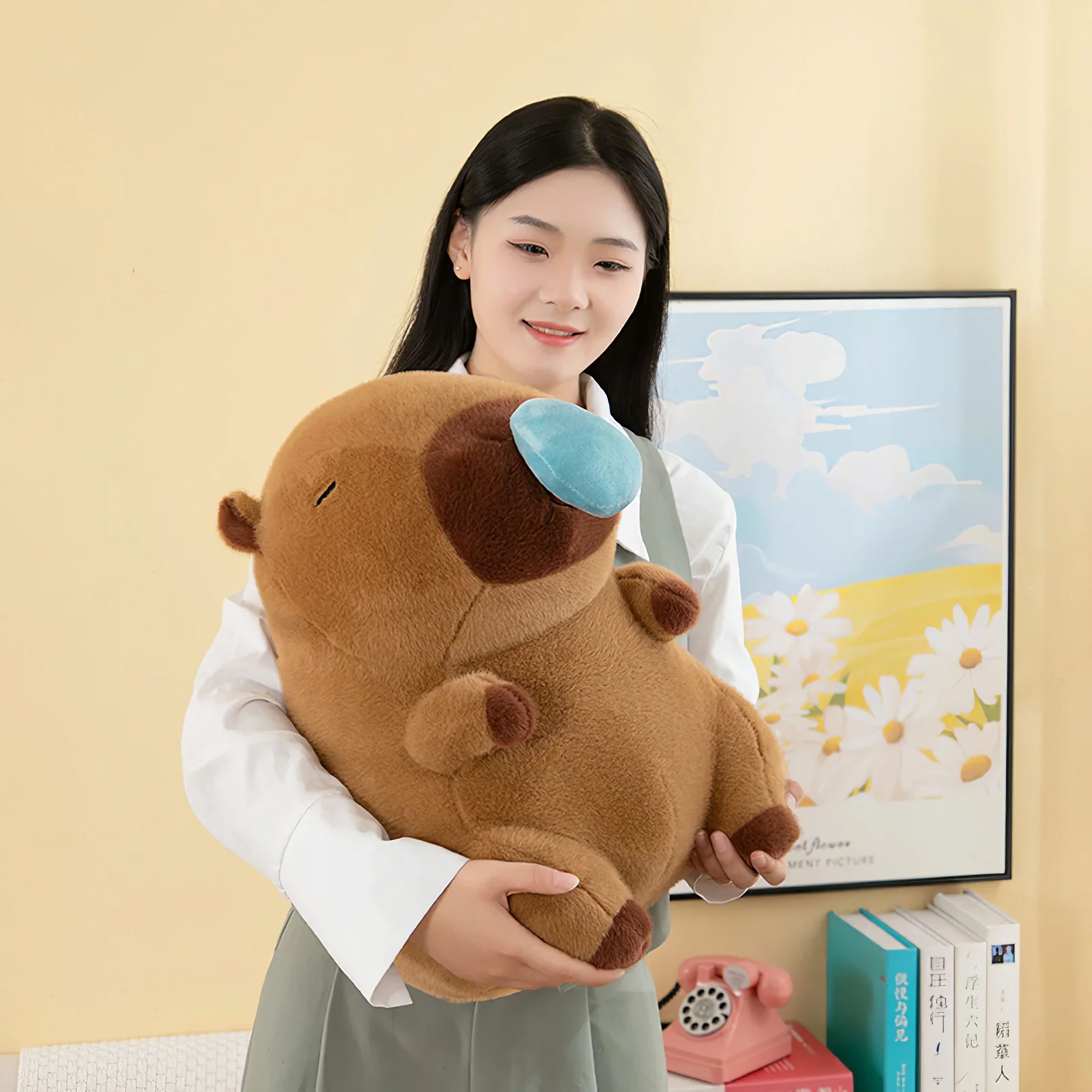 Woman hugging a brown capybara plush with a blue nose bubble