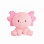 Pink axolotl plush sitting upright on a white background