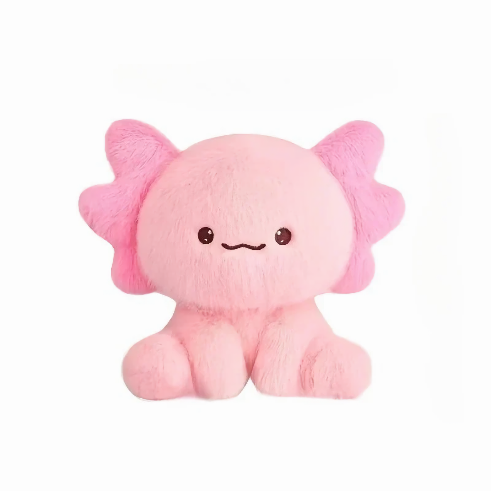 Pink axolotl plush sitting upright on a white background