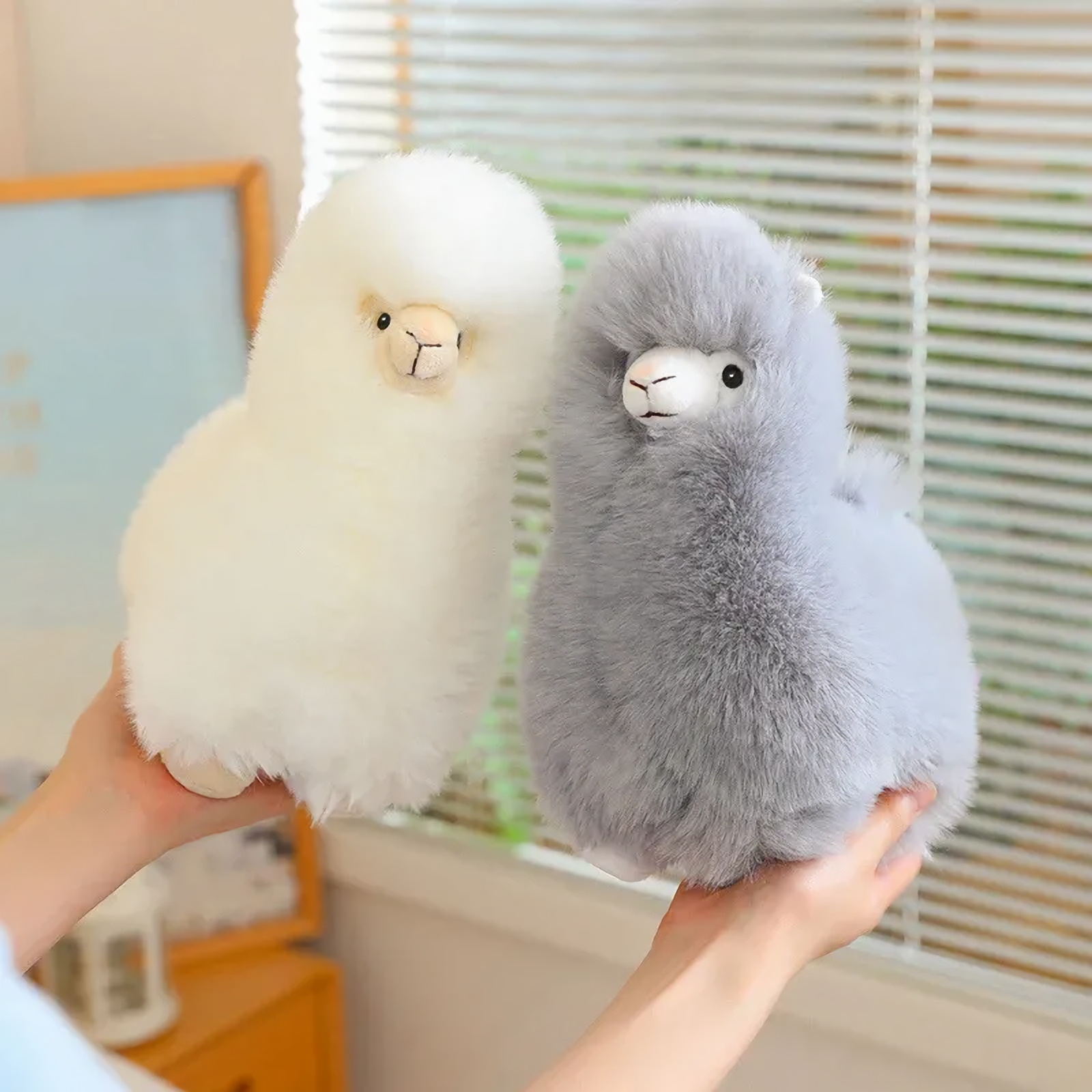 Hands holding a white alpaca plush and a gray alpaca plush facing each other