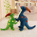 Green and blue Parasaurolophus dinosaur plush toys with crests standing on a rug