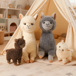 Four fluffy alpaca plushies in white, gray and brown in a play tent