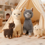 Four fluffy alpaca plushies in white, gray and brown in a play tent