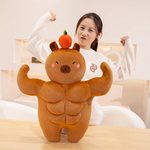 Woman flexing her arms behind a muscle capybara plush