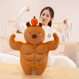 Woman flexing her arms behind a muscle capybara plush
