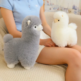 Woman sitting with a gray alpaca plush beside her and a white one on her lap