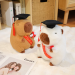 Brown and white graduation capybara plushies with diploma scrolls on a white rug