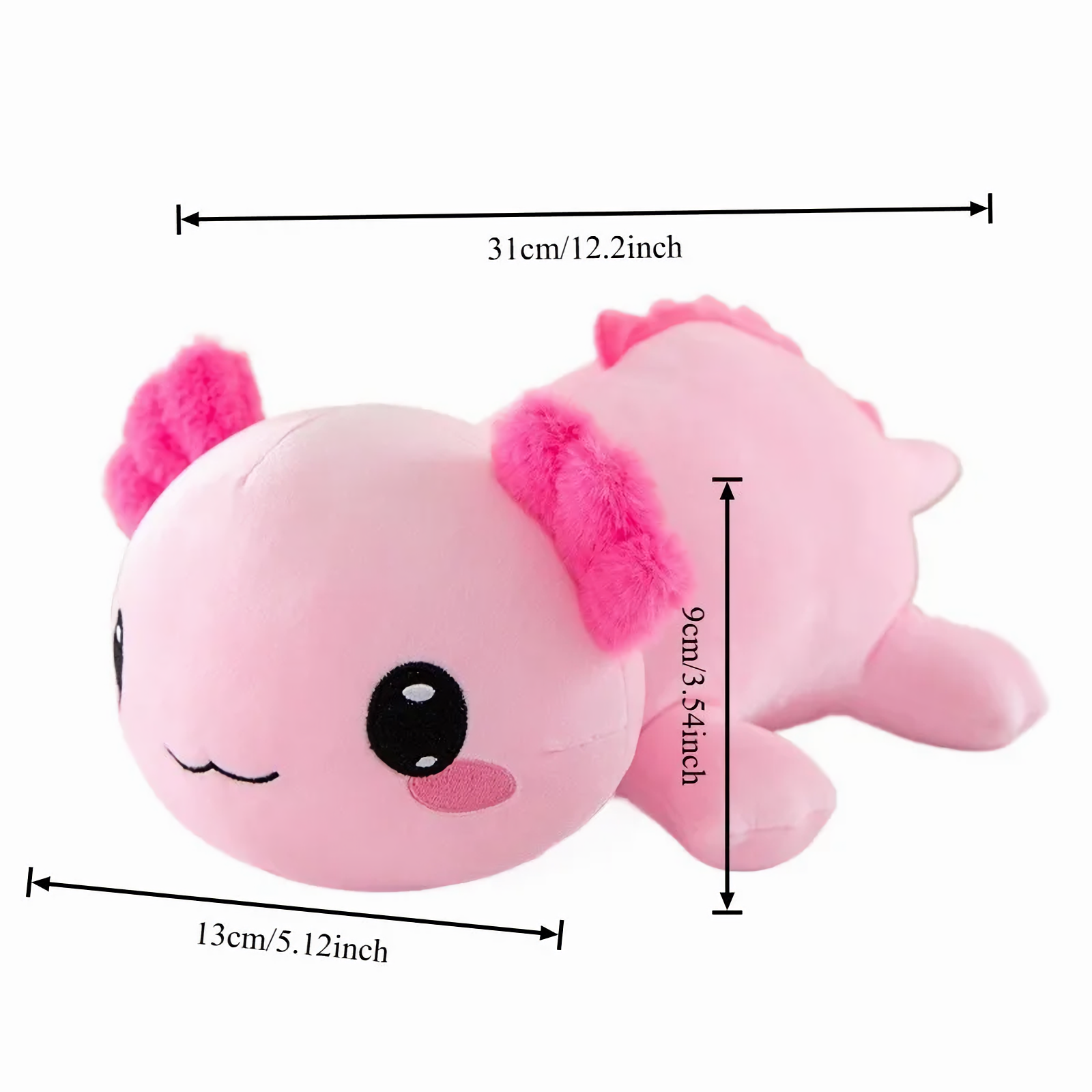 Size chart of a pink axolotl plush showing 31cm length, 13cm width and 9cm height