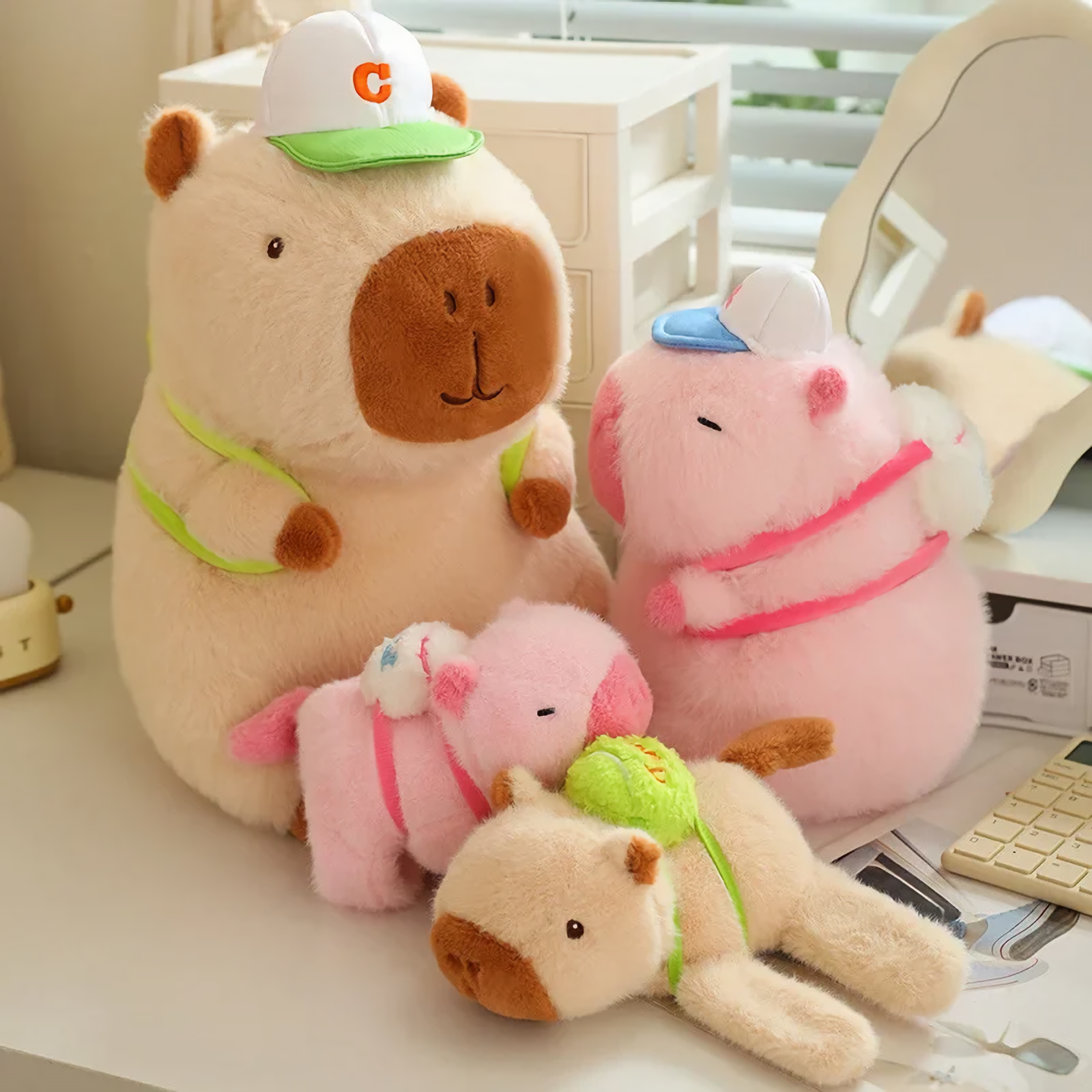Brown and pink sporty capybara plushies with white caps and green and pink straps on a shelf