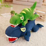 Green T-Rex plush pillow lying on top of a blue T-Rex plush pillow on a white rug