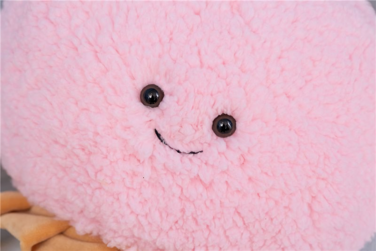 Close-up of the smiling face on a pink ice cream plush pillow