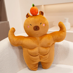 Muscle capybara plush with flexed arms and abs on a white sofa