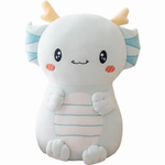 Light blue axolotl dragon plush with cream horns and blue gills on a white background