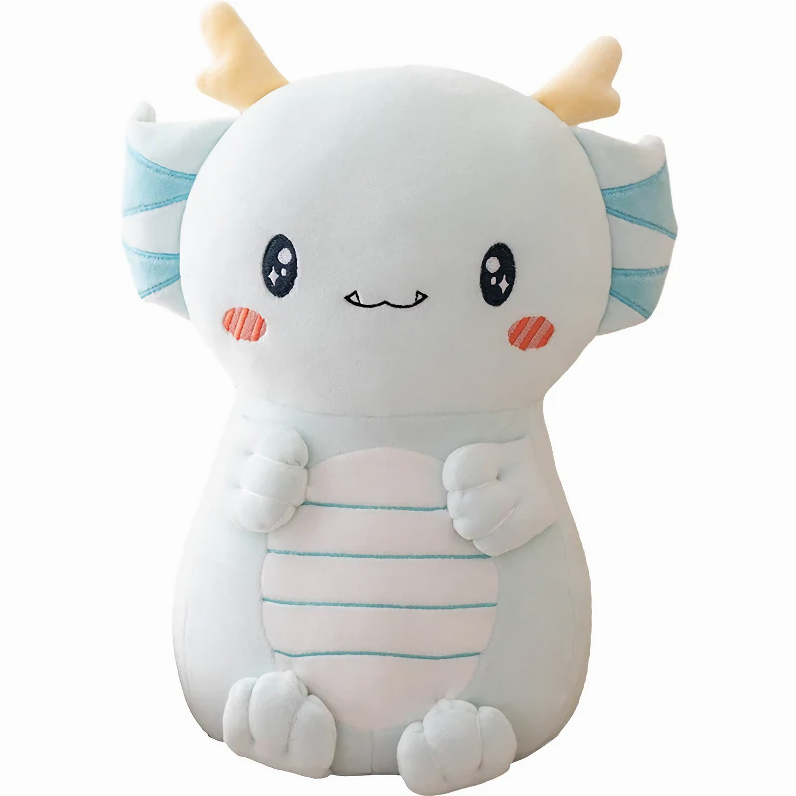 Light blue axolotl dragon plush with cream horns and blue gills on a white background