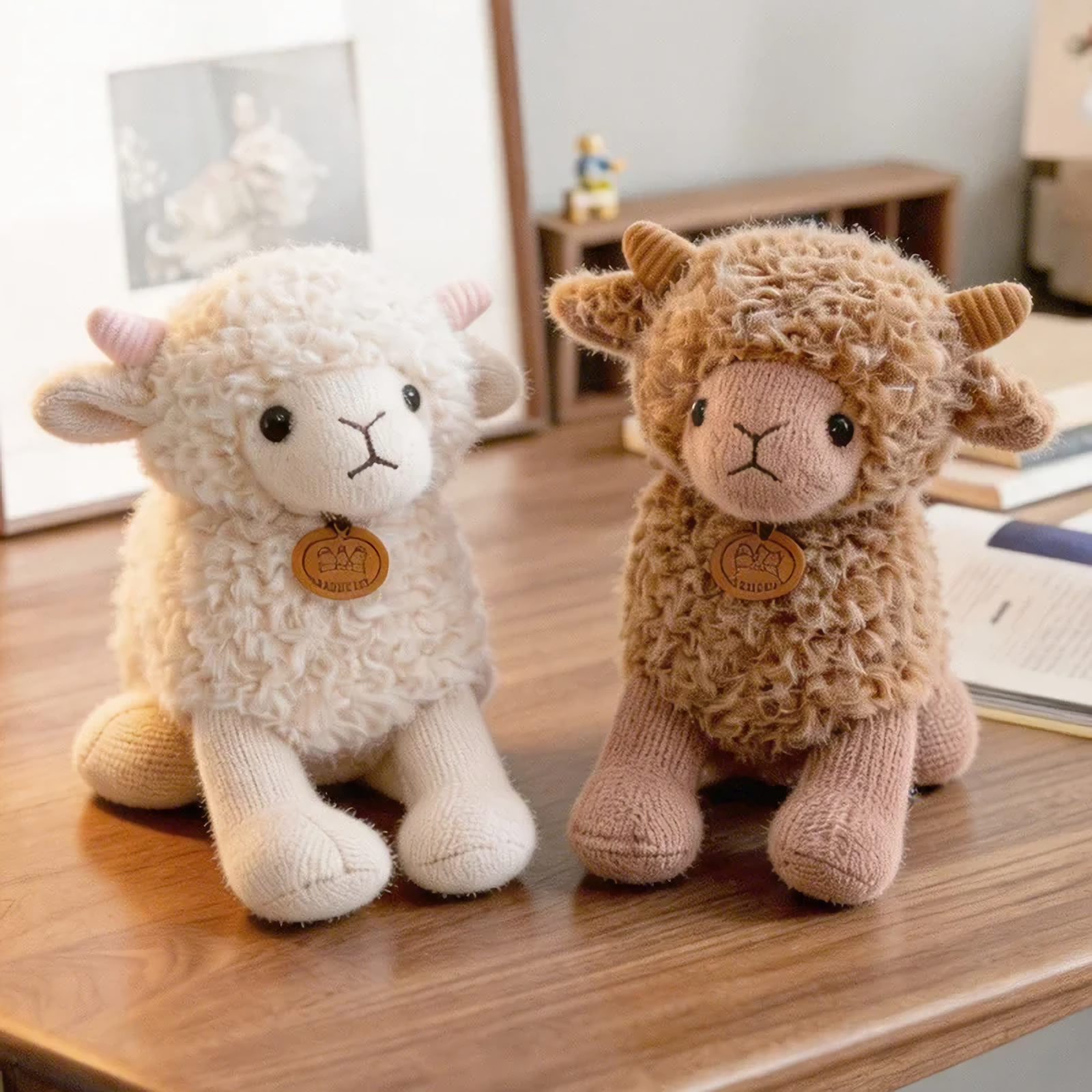 White and brown curly lamb plushies standing on a wooden table