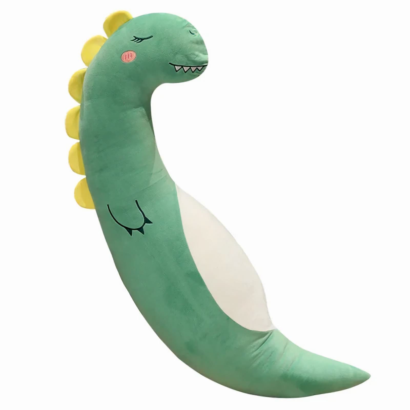Curved green dinosaur plush body pillow with a yellow crest on a white background