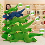 Stack of long T-Rex plush pillows in different sizes with measurement labels
