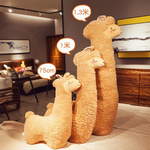 Size comparison of three alpaca plush pillows marked 75cm, 1m and 1.3m in a living room