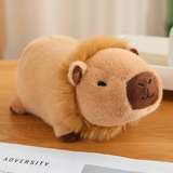 Lion capybara plush with a fluffy mane on a wooden table