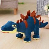 Blue Stegosaurus dinosaur plush with brown back plates on a rug