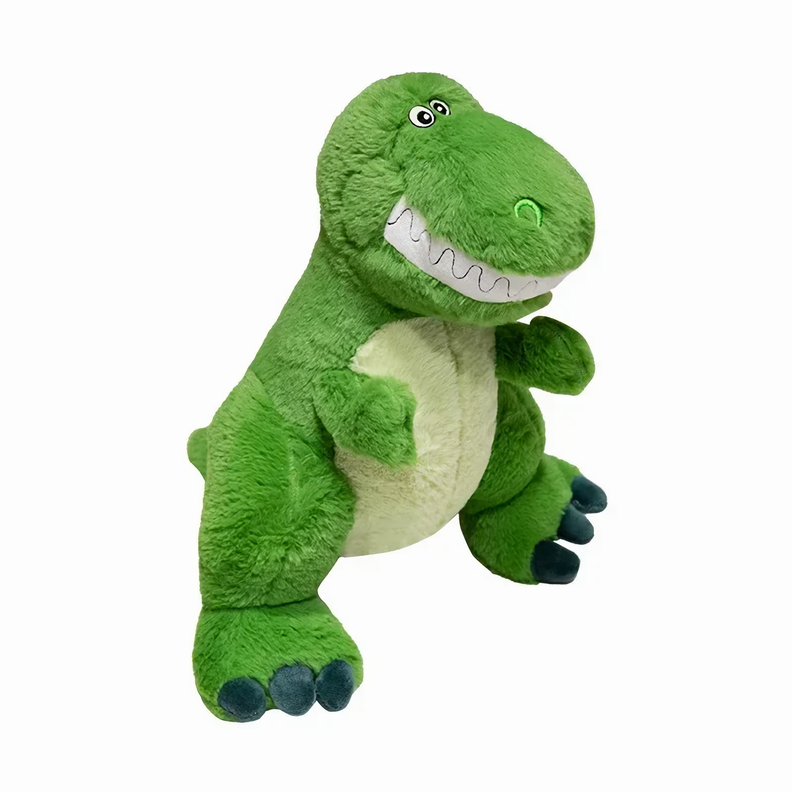 Green T-Rex dinosaur plush with a wide toothy smile and pale green belly, sitting against a plain background.