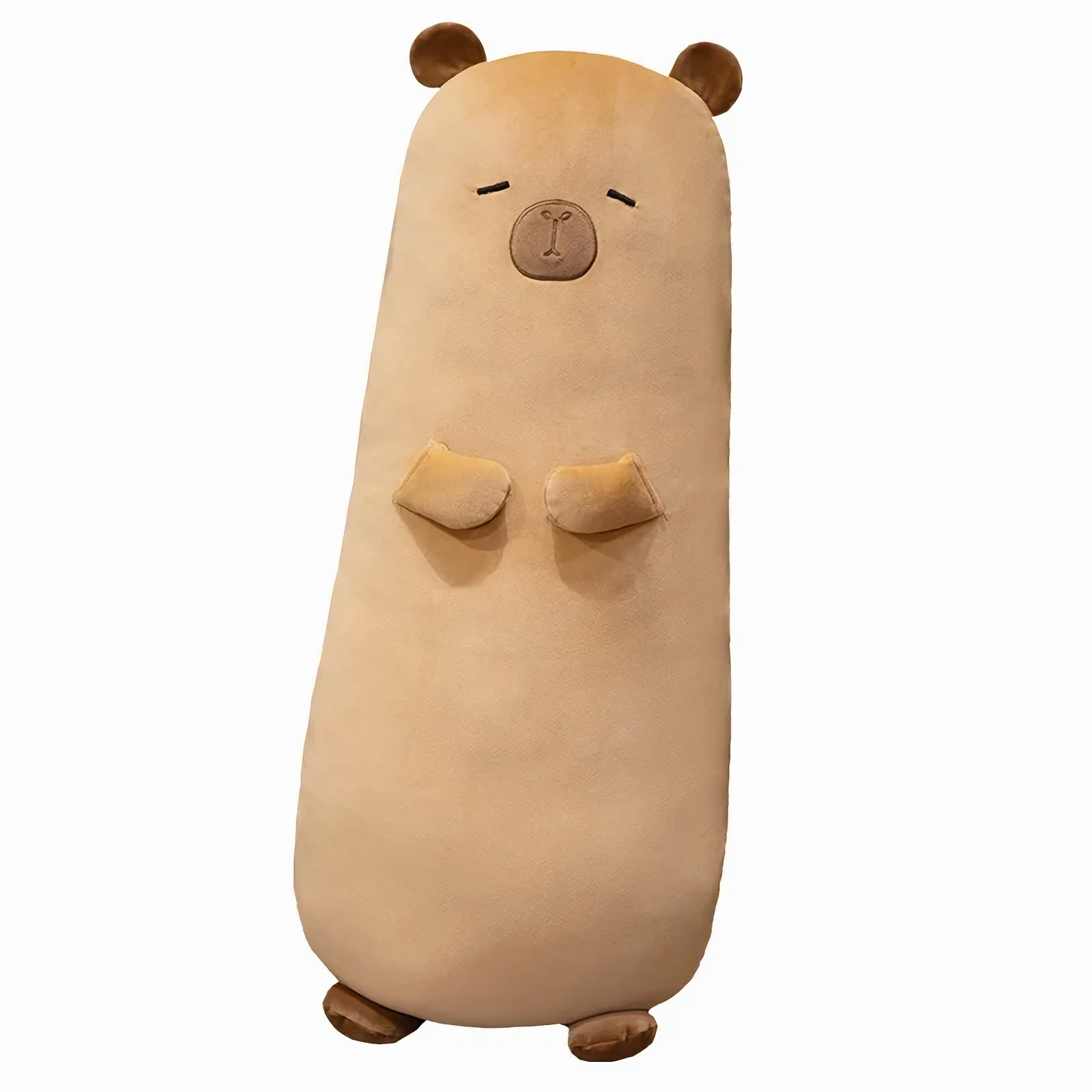 Tall tan capybara bolster pillow on a white background