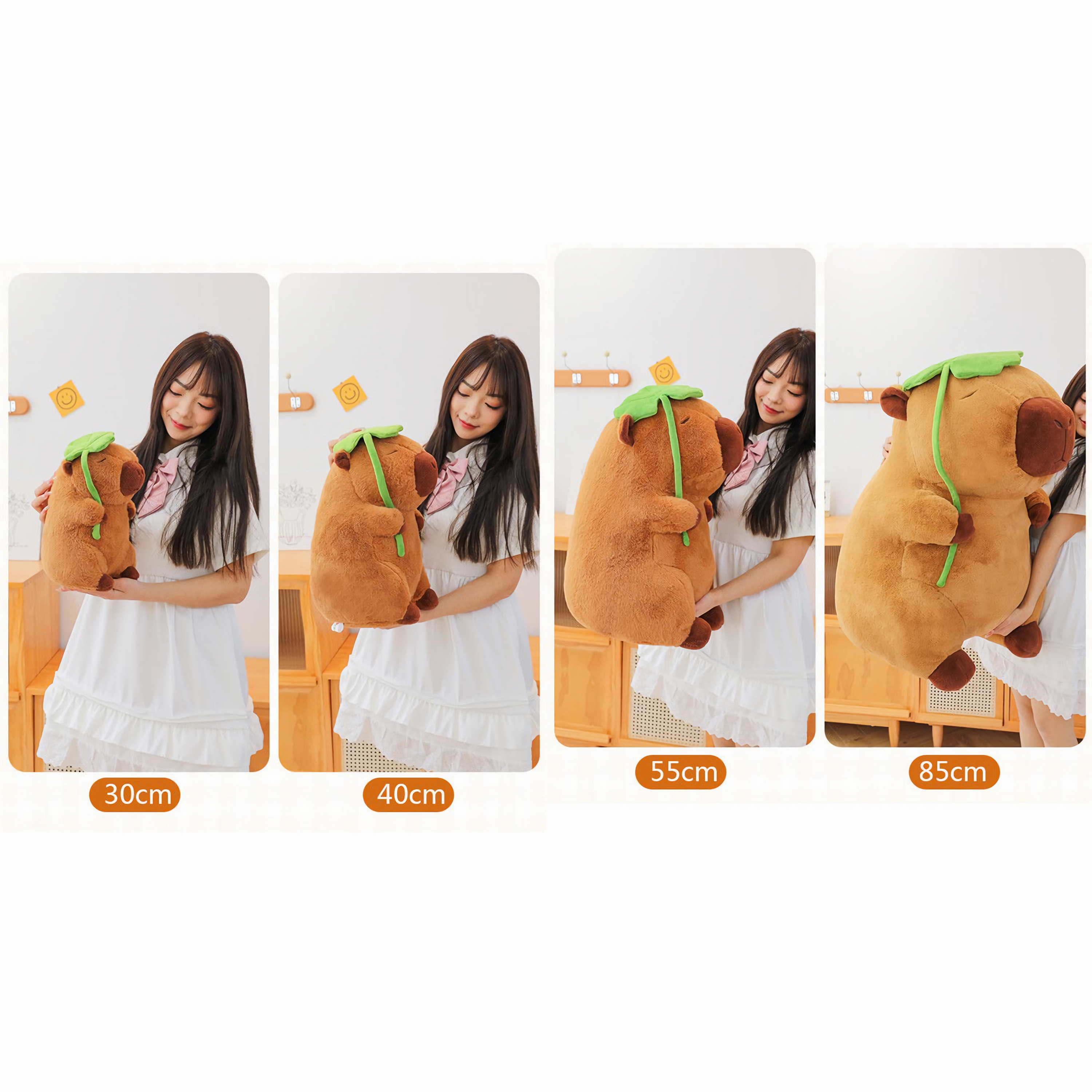 Size comparison of lotus leaf capybara plushies marked 30cm, 40cm, 55cm and 85cm