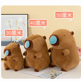 Size comparison of three brown capybara plushies with blue nose bubbles marked 30cm, 40cm and 50cm