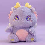 Purple kawaii baby dragon plush with sparkly star eyes and golden horns, sitting with its round belly visible.