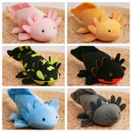 Six axolotl plush color options in pink, yellow, spotted green, black, blue and gray