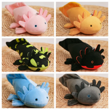 Six axolotl plush color options in pink, yellow, spotted green, black, blue and gray