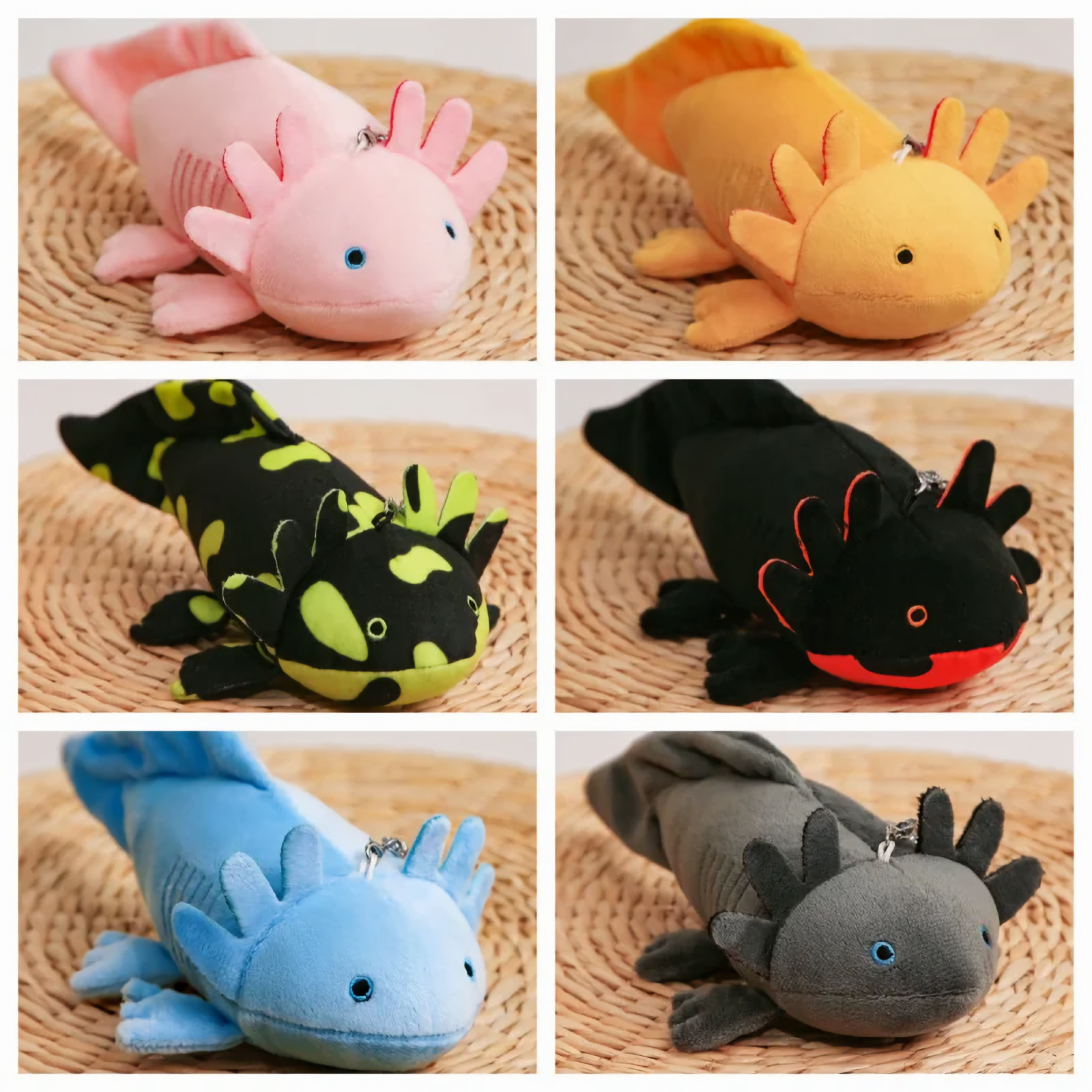 Six axolotl plush color options in pink, yellow, spotted green, black, blue and gray