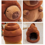 Four detail shots of a capybara plush with a brown swirl hat