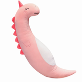 Curved pink unicorn plush body pillow with a pink horn on a white background