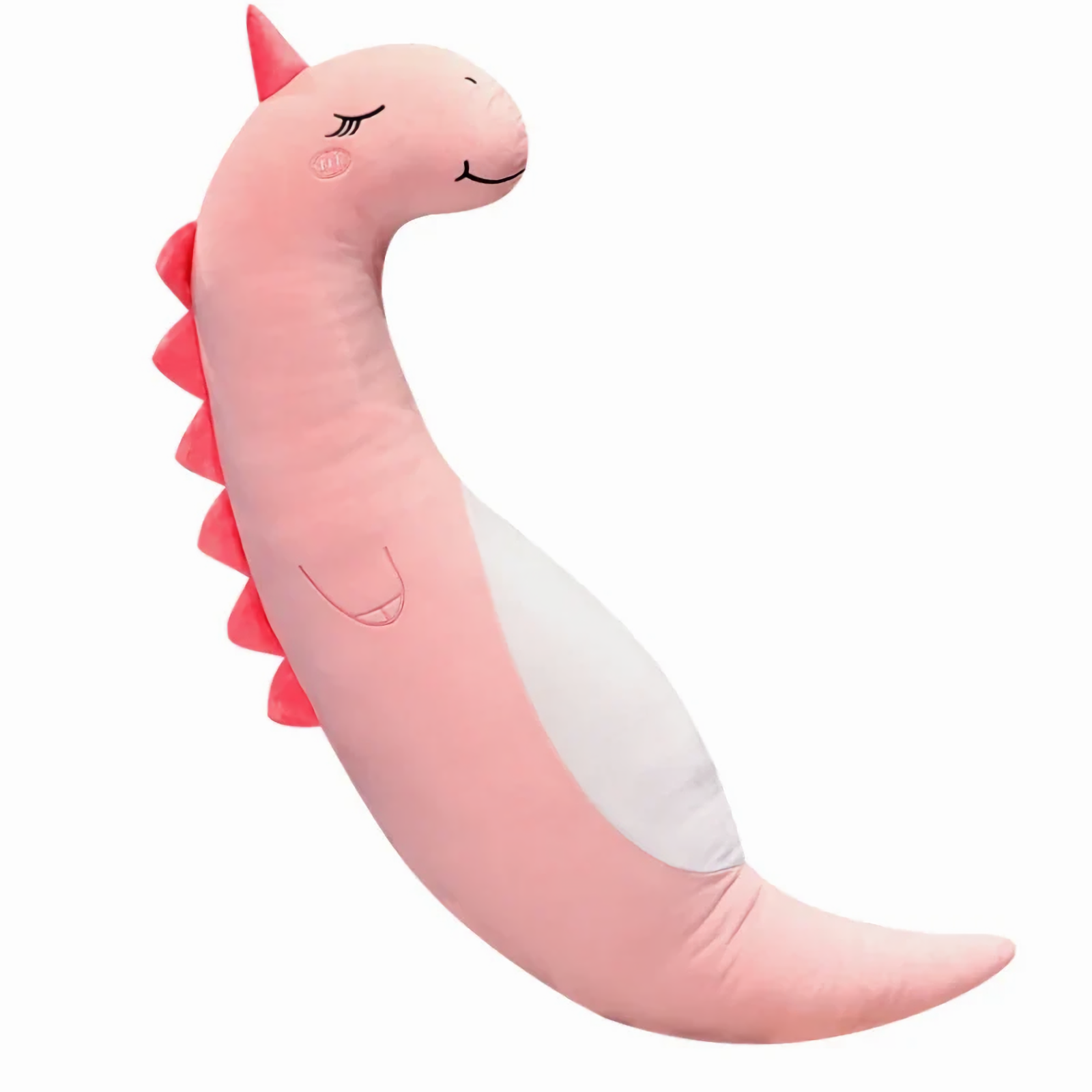 Curved pink unicorn plush body pillow with a pink horn on a white background
