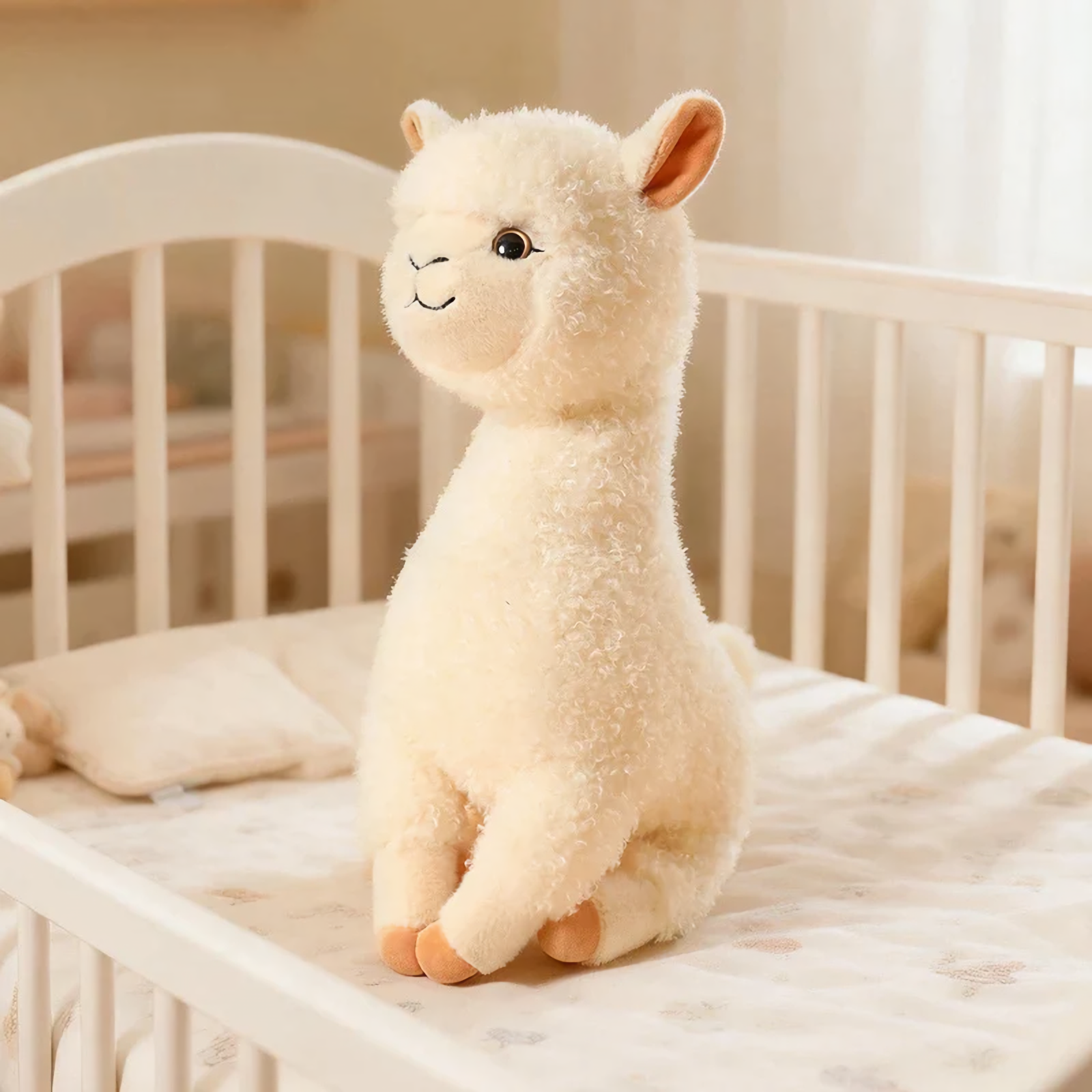 White fluffy alpaca plush with tan ears sitting in a white crib